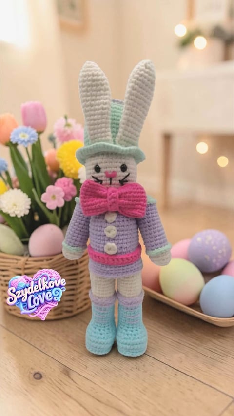 Amigurumi królik z różową kokardą otoczony kolorowymi kwiatami i jajkami wielkanocnymi