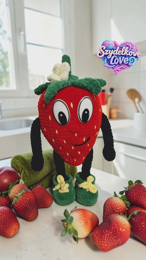 Pluszowa zabawka truskawka z googly eyes, zielonymi liśćmi i czarnymi ramionami